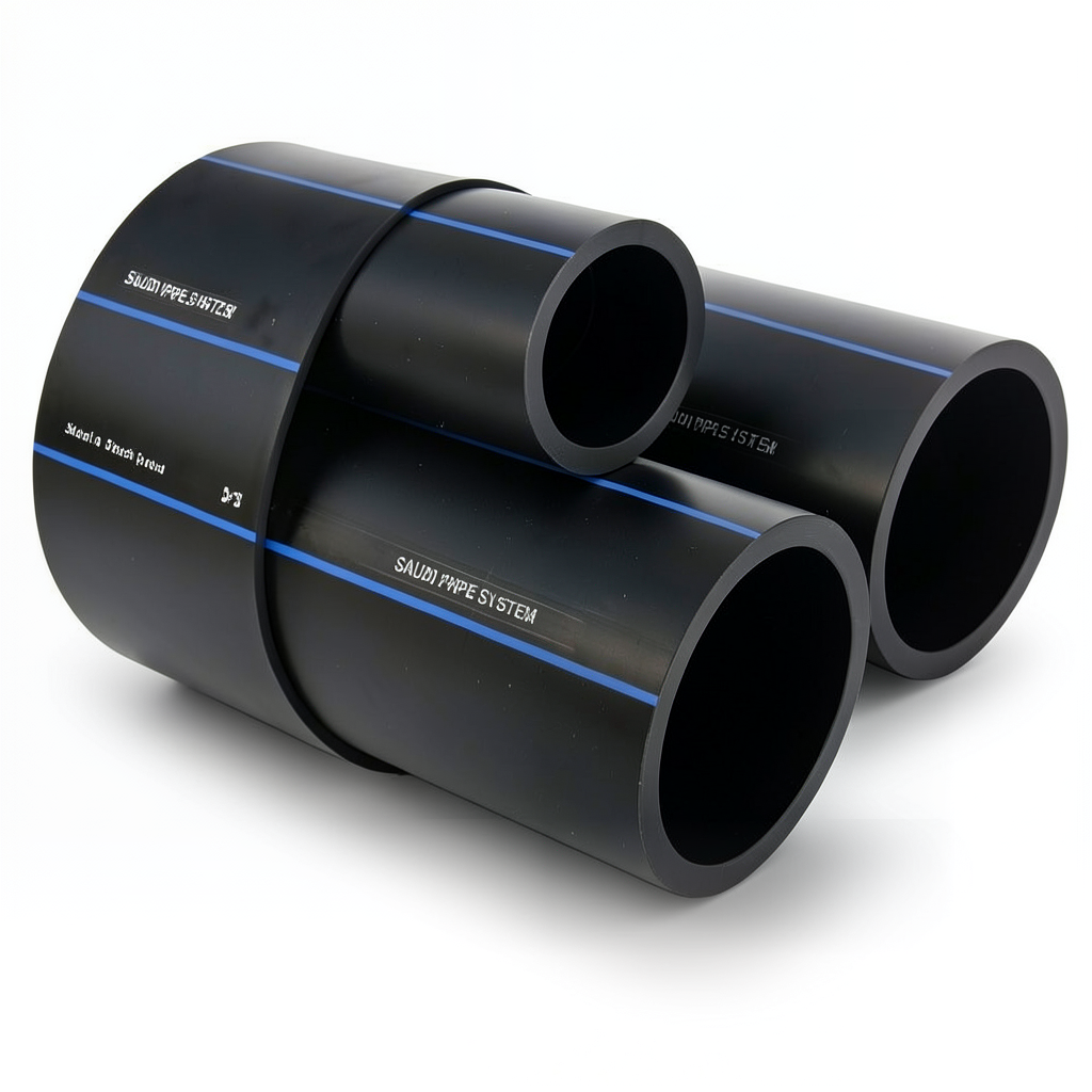 مواسير HDPE PE 100 ضغط 10 بار قطر خارجي 450 مم سمك 26.7 مم لون أسود | مصنع أنظمة الانابيب السعودي (SPS)