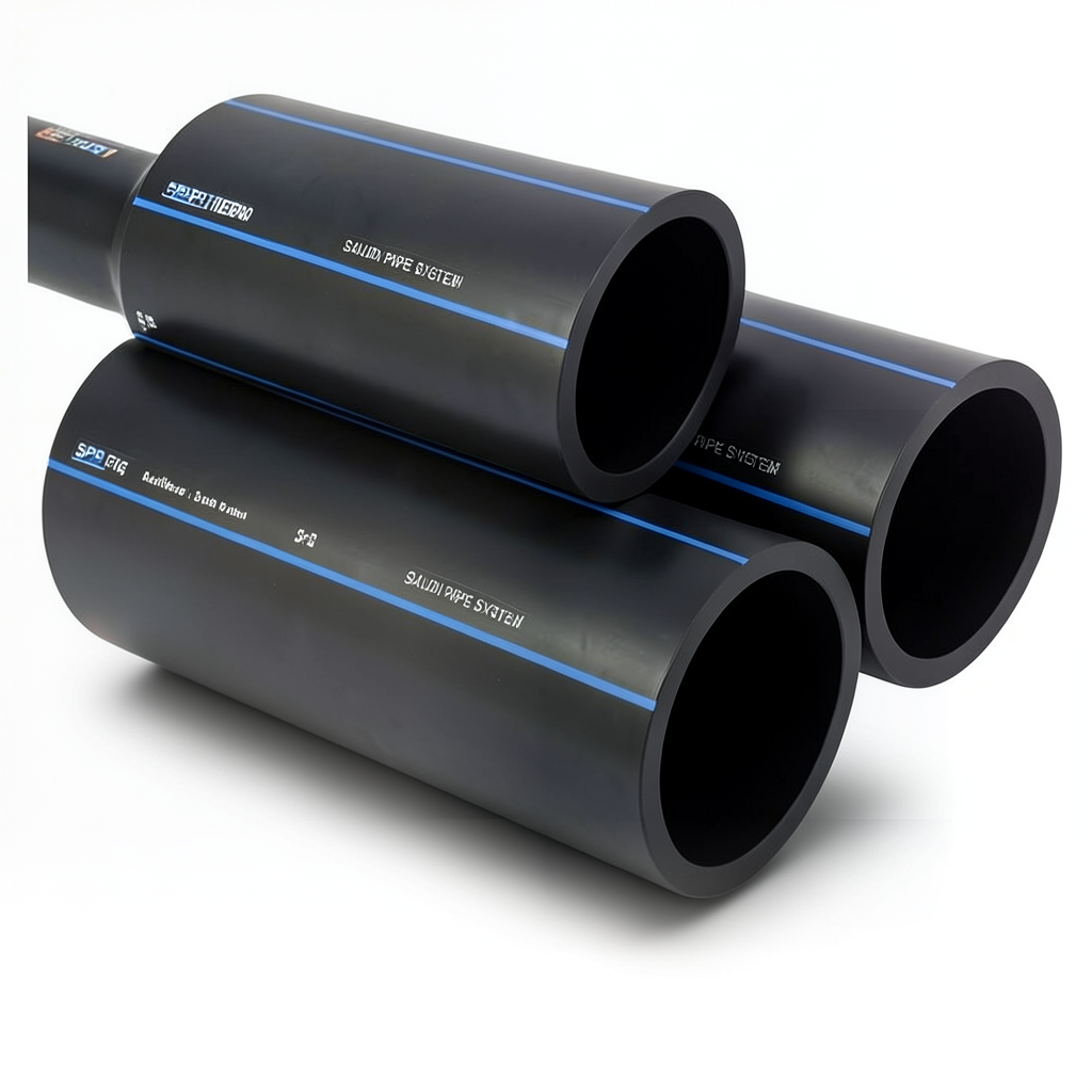 أنابيب HDPE السعودي PE 100 ضغط 6 بار قطر خارجي 630 مم سمك 24.1 مم لون أسود | مصنع أنظمة الانابيب السعودي (SPS)
