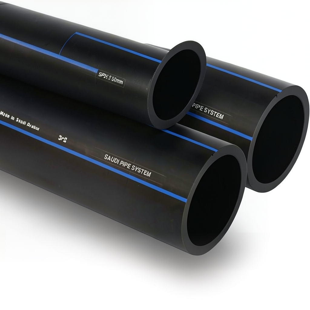 أنابيب HDPE السعودي PE 80 ضغط 8 بار قطر خارجي 50 مم سمك 3 مم لون أسود | مصنع أنظمة الانابيب السعودي (SPS)