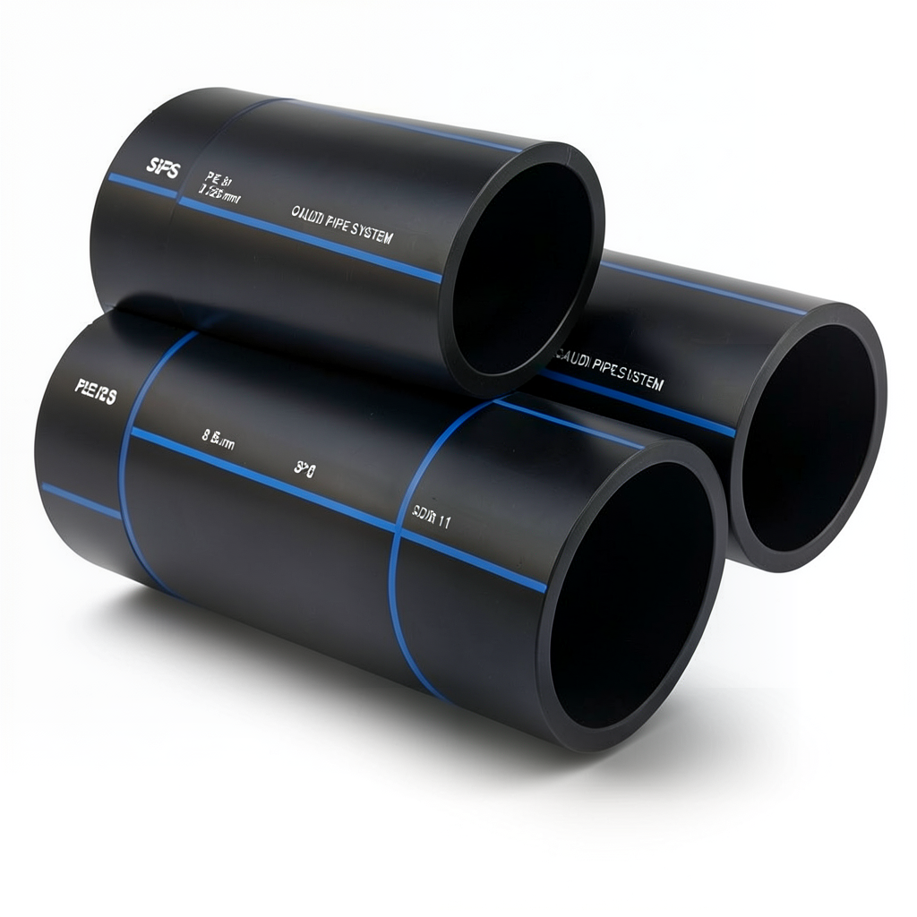 أنابيب HDPE SPS PE 80 ضغط 8 بار قطر خارجي 125 مم سمك 7.4 مم لون أسود | مصنع أنظمة الانابيب السعودي (SPS)