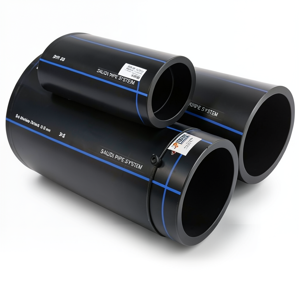 مواسير HDPE السعودي PE 80 ضغط 8 بار قطر خارجي 200 مم سمك 11.9 مم لون أسود | مصنع أنظمة الانابيب السعودي (SPS)