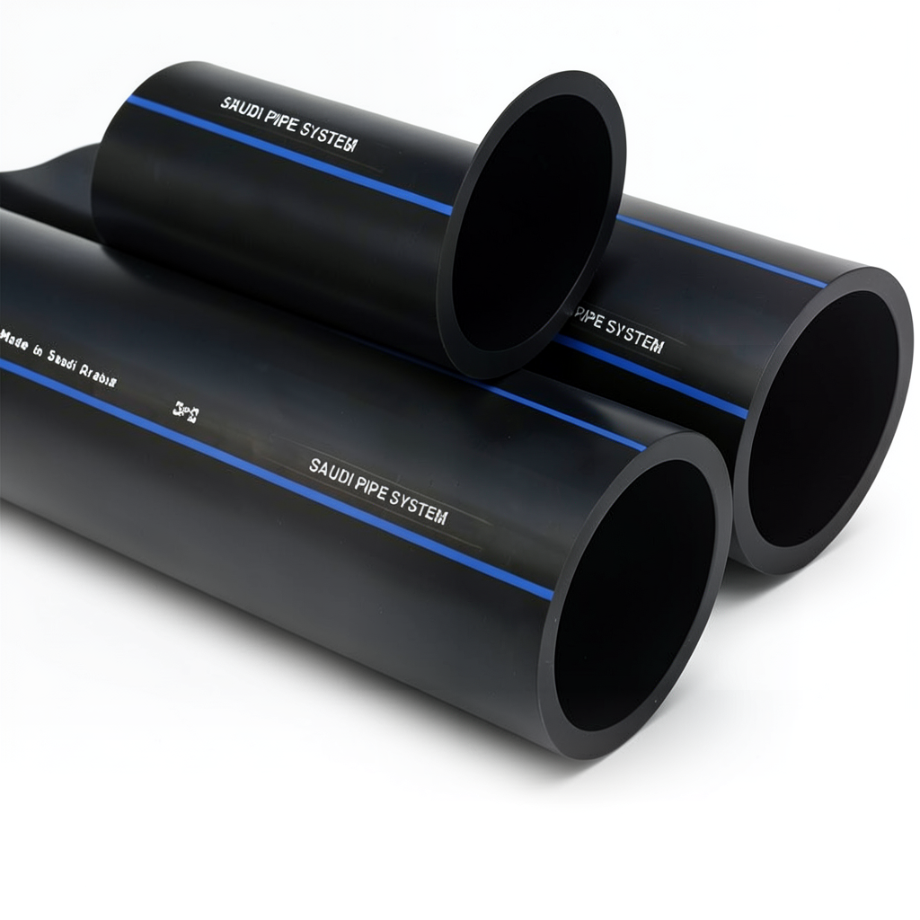 مواسير HDPE السعودي PE 80 ضغط 8 بار قطر خارجي 250 مم سمك 14.8 مم لون اسود | مصنع أنظمة الانابيب السعودي (SPS)