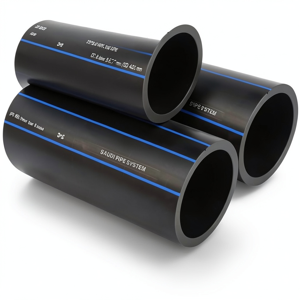 مواسير HDPE السعودي PE 80 ضغط 8 بار قطر خارجي 450 مم سمك 26.7 مم لون اسود | مصنع أنظمة الانابيب السعودي (SPS)