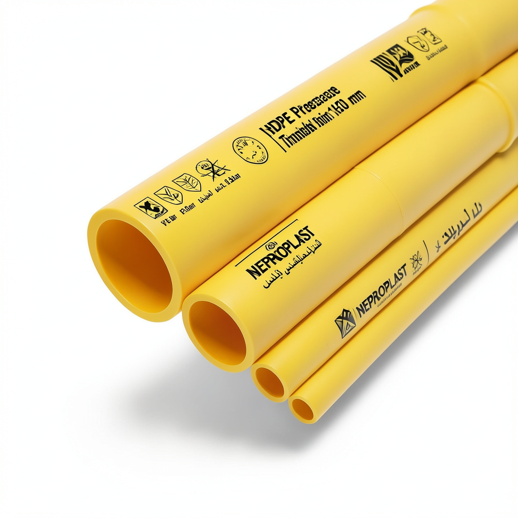 مواسير HDPE PE 80 ضغط 16 بار قطر خارجي 140 مم سمك 15.7 مم لون أصفر | نيبروبلاست
