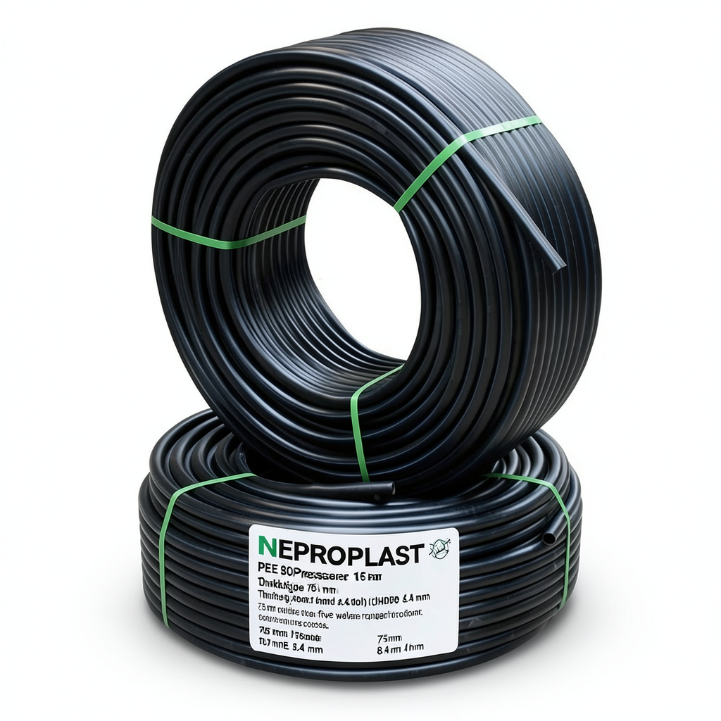أنابيب HDPE PE 80 ضغط 16 بار قطر خارجي 75 مم سمك 8.4 مم لون أسود | نيبروبلاست