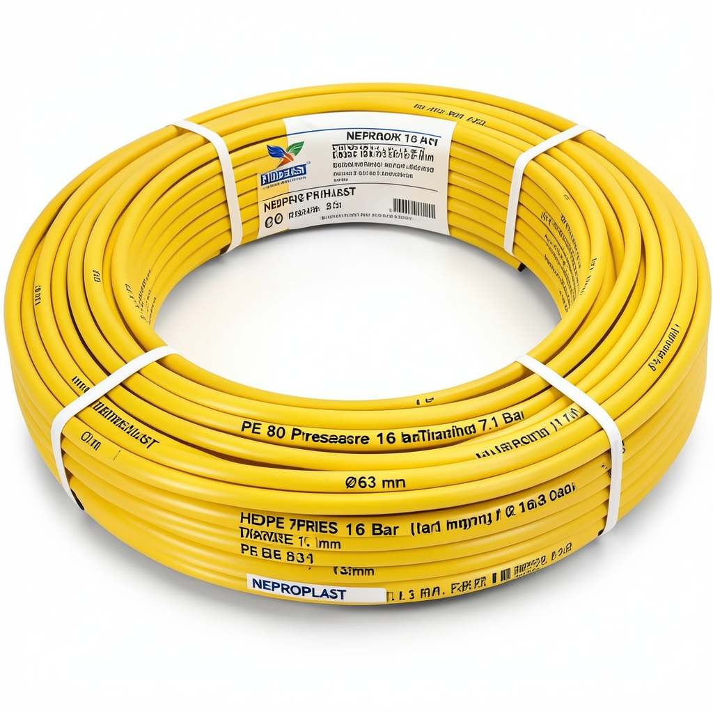 أنابيب HDPE PE 80 ضغط 16 بار قطر 63 مم سمك 7.1 مم لون أصفر | نيبروبلاست