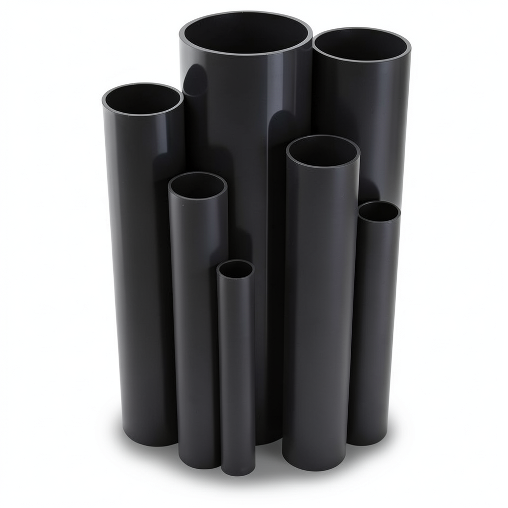 مواسير UPVC ضغط 8.6 بار مقاس ½ 1 إنش سمك 1.52 مم قطر خارجي 48.11 مم لون أسود
