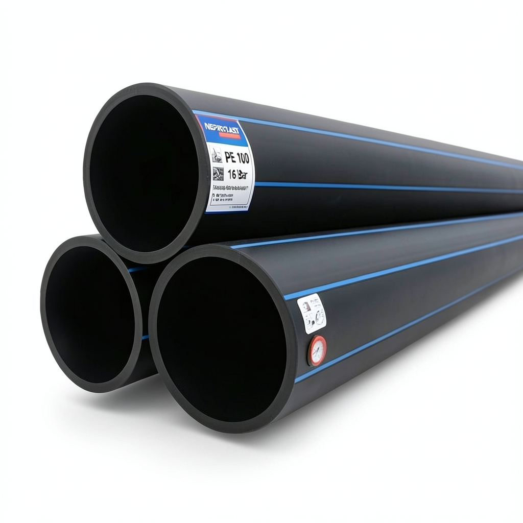 مواسير HDPE PE 100 ضغط 16 بار قطر خارجي 200 مم سمك 18.2 مم لون أسود | نيبروبلاست