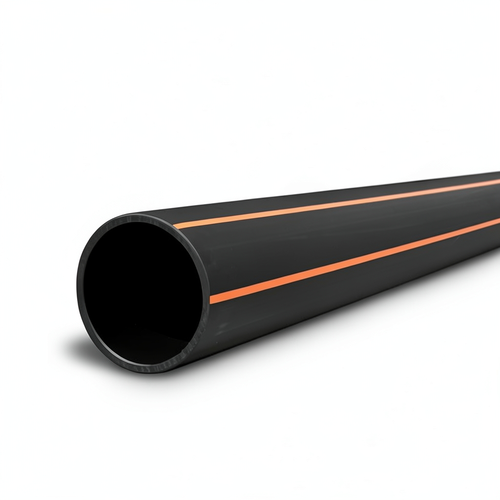 أنابيب HDPE ضغط 10 بار PE 100، قطر خارجي 200 مم سماكة 18.2 مم أسود مع خطوط برتقالية