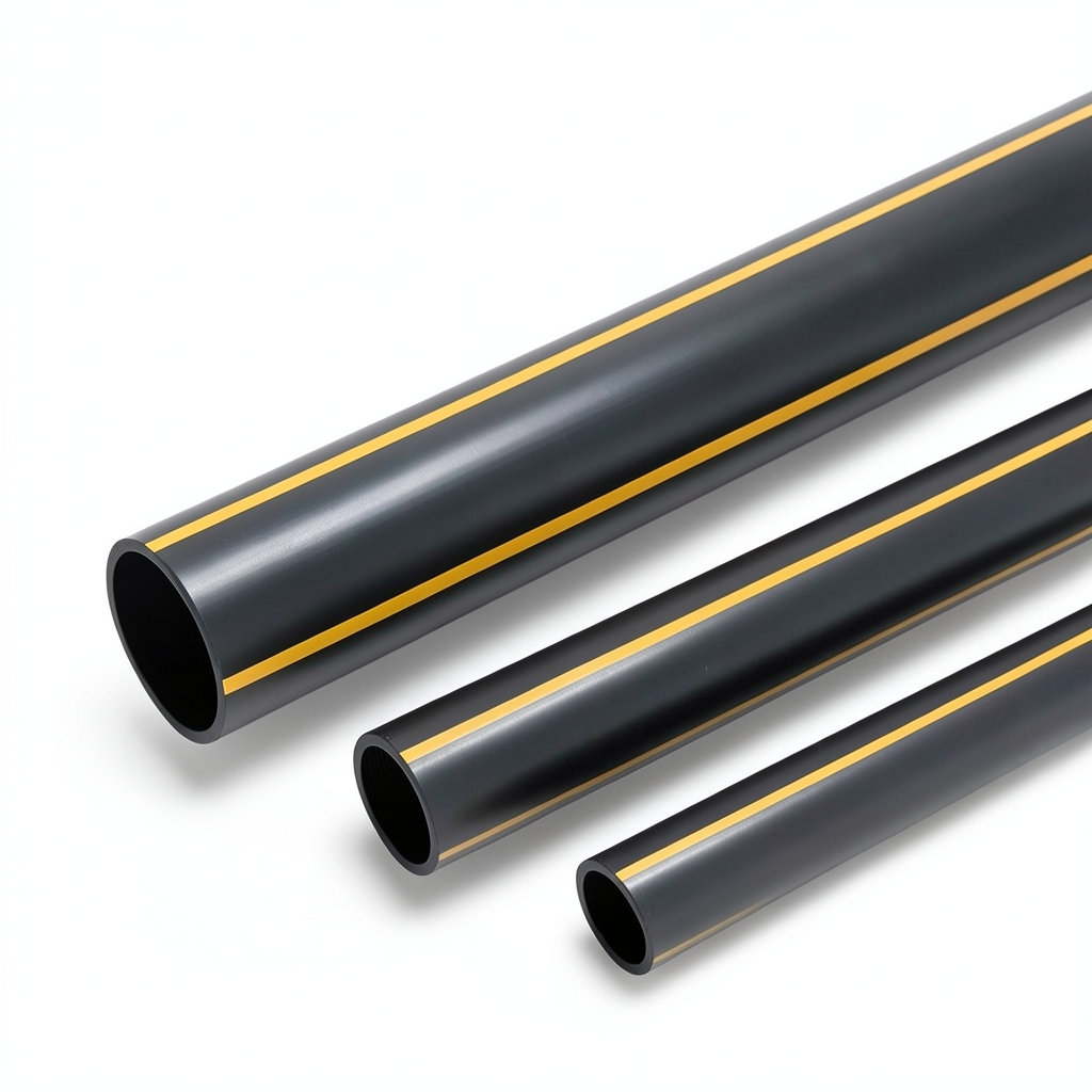 مواسير HDPE ضغط 8 بار PE 80 قطر خارجي 180 مم سماكة 16.4 مم أسود مع خطوط صفراء