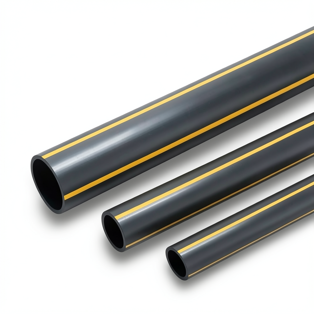 مواسير HDPE ضغط 8 بار PE 80 قطر خارجي 180 مم سماكة 16.4 مم أسود مع خطوط صفراء