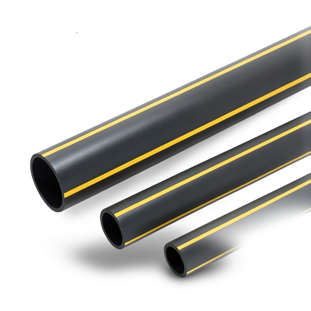 أنابيب HDPE ضغط 8 بار PE 80 قطر خارجي 200 مم سماكة 18.2 مم أسود مع خطوط صفراء