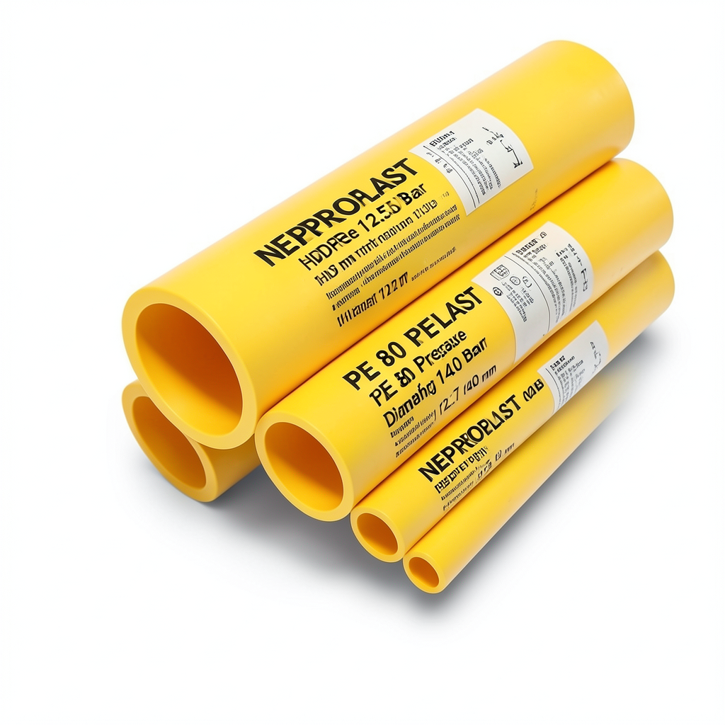 مواسير HDPE PE 80 ضغط 12.5 بار قطر 140 مم سمك 12.7 مم لون أصفر | نيبروبلاست