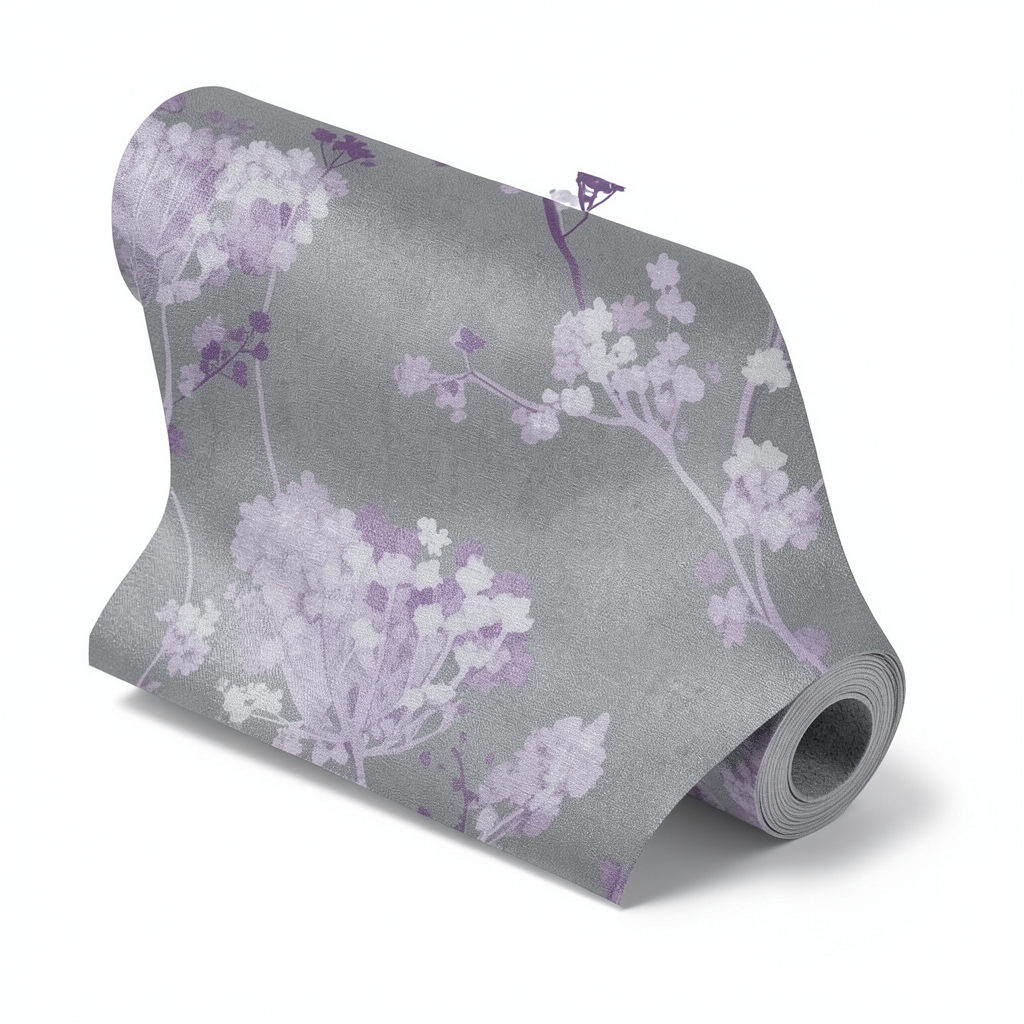 German Floral Wallpaper 10m x 0.53m Gray with Purple, Model 449235