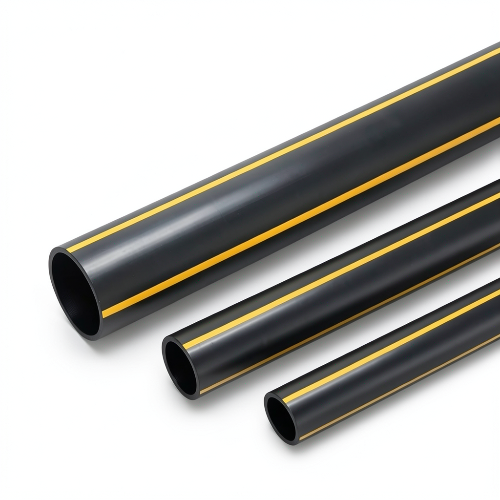 HDPE Polyethylene Pipe PN 10 Bar PE 80 225 mm OD 20.5 mm Thickness Black Yellow Stripes