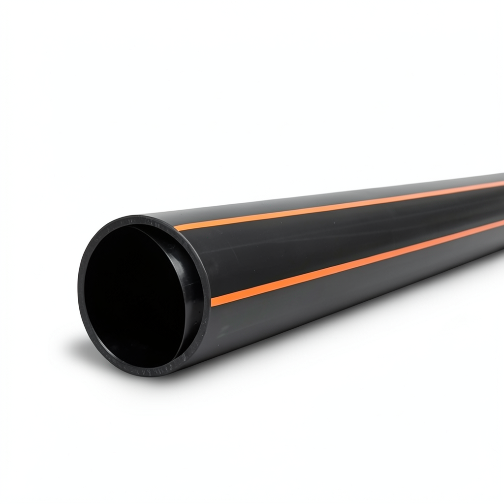 HDPE Plastic Pipe PN 6 Bar PE 100 OD 560 mm Thickness 31.9 mm Black with Orange Stripes