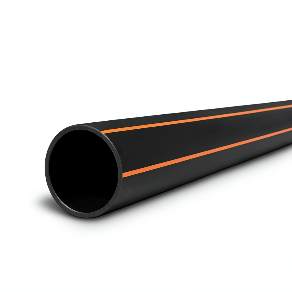 أنبوب بلاستيكي HDPE ضغط 6 بار PE 100 قطر خارجي 560 مم سمك 31.9 مم أسود مع خطوط برتقالية
