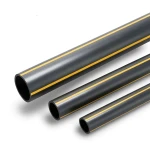 مواسير HDPE بولي ايثيلين ضغط 4.8 بار PE 80 قطر خارجي 315 مم سمك 17.9 مم أسود مع خطوط صفراء