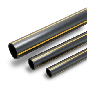 مواسير HDPE بولي ايثيلين ضغط 4.8 بار PE 80 قطر خارجي 315 مم سمك 17.9 مم أسود مع خطوط صفراء