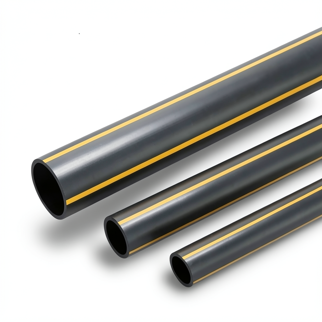 مواسير HDPE بولي ايثيلين ضغط 4.8 بار PE 80 قطر خارجي 315 مم سمك 17.9 مم أسود مع خطوط صفراء