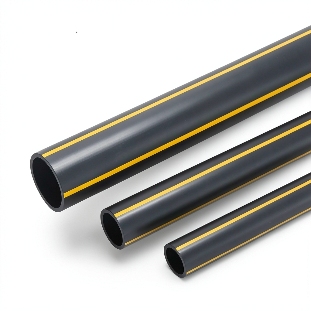 مواسير HDPE ضغط 8 بار PE 80 قطر خارجي 280 مم سمك 25.4 مم أسود مع خطوط صفراء