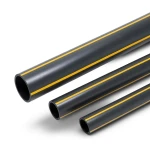مواسير HDPE بولي ايثيلين ضغط 4.8 بار PE 80 قطر خارجي 315 مم سمك 17.9 مم أسود مع خطوط صفراء