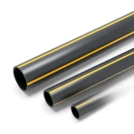 مواسير HDPE ضغط 4.8 بار PE 80 قطر خارجي 200 مم سمك 11.4 مم أسود مع خطوط صفراء