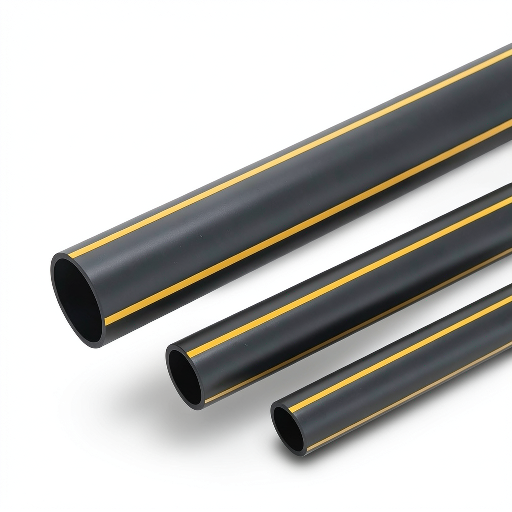 أنابيب HDPE ضغط 4.8 بار PE 80، قطر خارجي 280 مم، سمك 15.9 مم، أسود مع خطوط صفراء