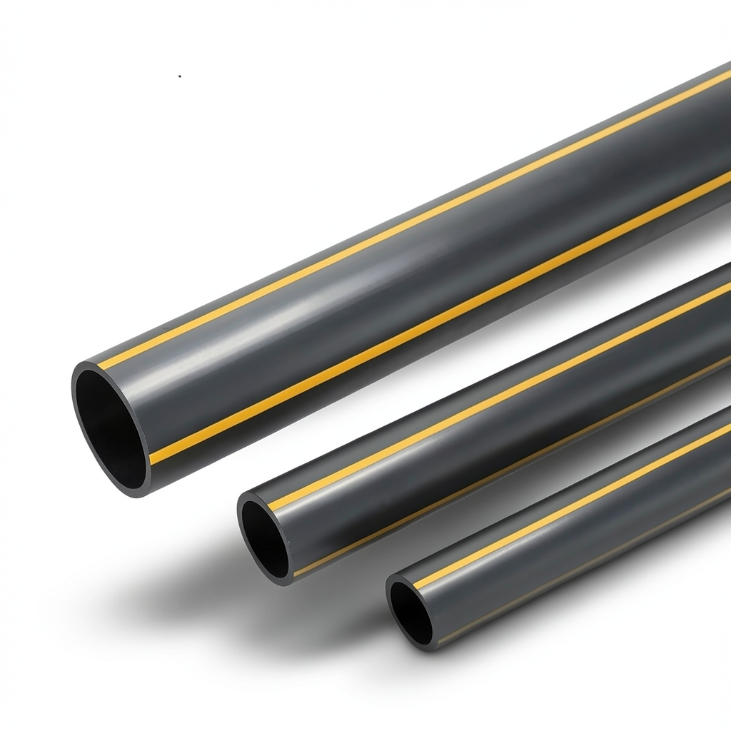 مواسير HDPE بولي ايثيلين ضغط 4.8 بار PE 80 قطر خارجي 315 مم سمك 17.9 مم أسود مع خطوط صفراء