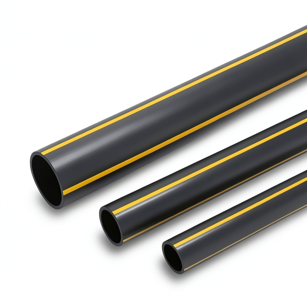 أنابيب HDPE ضغط 8 بار PE 80 قطر خارجي 315 مم سمك 28.6 مم أسود مع خطوط صفراء