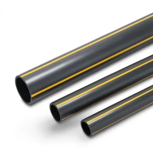 أنابيب بلاستيك HDPE ضغط 8 بار PE 80، قطر خارجي 500 مم، سماكة 45.5 مم، أسود مع خطوط صفراء