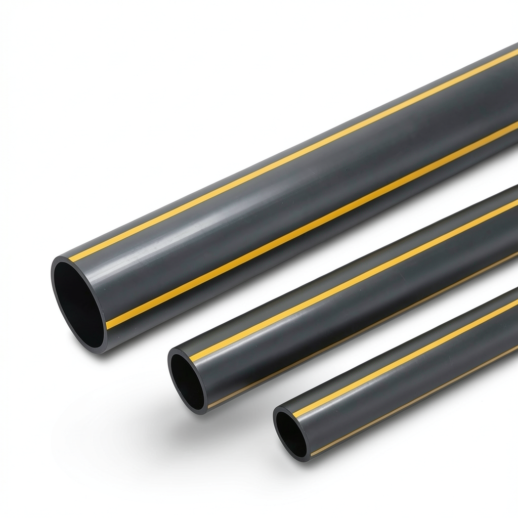 أنابيب بلاستيك HDPE ضغط 8 بار PE 80، قطر خارجي 500 مم، سماكة 45.5 مم، أسود مع خطوط صفراء