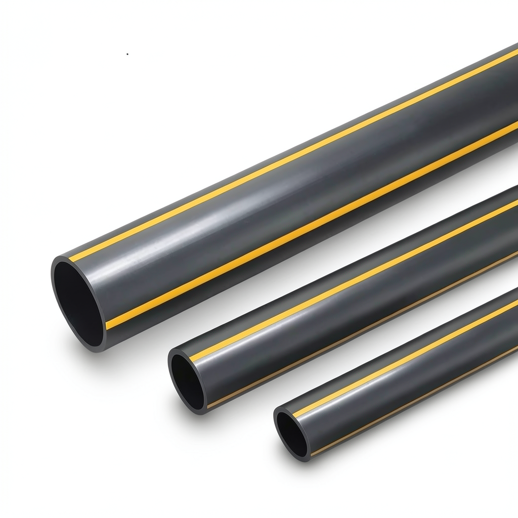 أنابيب بلاستيك HDPE ضغط اسمي 8 بار PE 80 قطر خارجي 630 مم سماكة 57.3 مم أسود مع خطوط صفراء