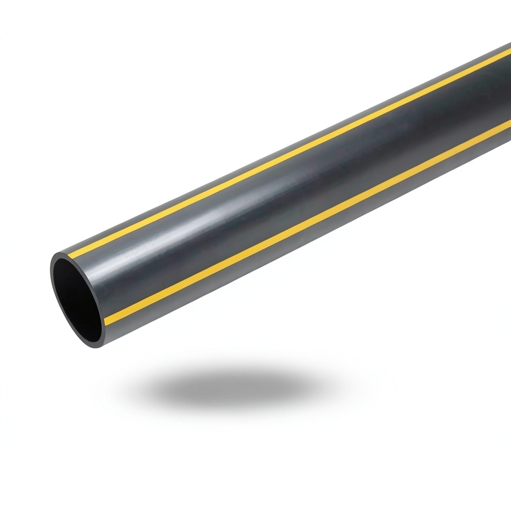 أنابيب بلاستيك HDPE ضغط 8 بار PE 80، قطر خارجي 500 مم، سماكة 45.5 مم، أسود مع خطوط صفراء