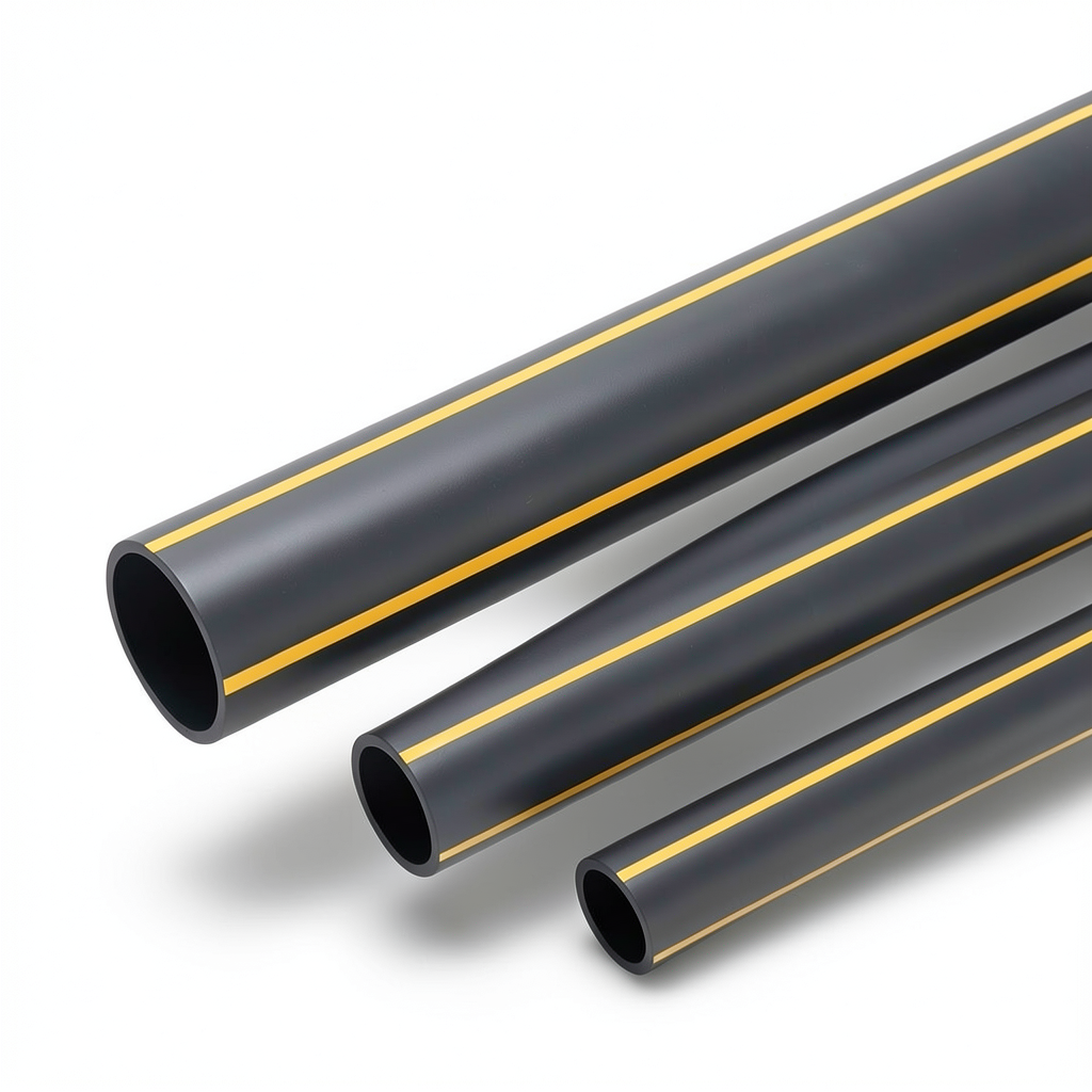 HDPE Plastic Pipe PN 4.8 Bar PE 80 OD 560 mm Thickness 31.9 mm Black with Yellow Stripes