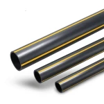 أنابيب بلاستيك HDPE ضغط 4.8 بار PE 80 قطر خارجي 630 مم سماكة 35.8 مم أسود مع خطوط صفراء