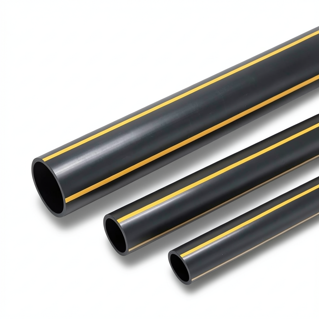HDPE Plastic Pipe PN 4.8 Bar PE 80 630 mm Thickness 35.8 mm Black with Yellow Stripes