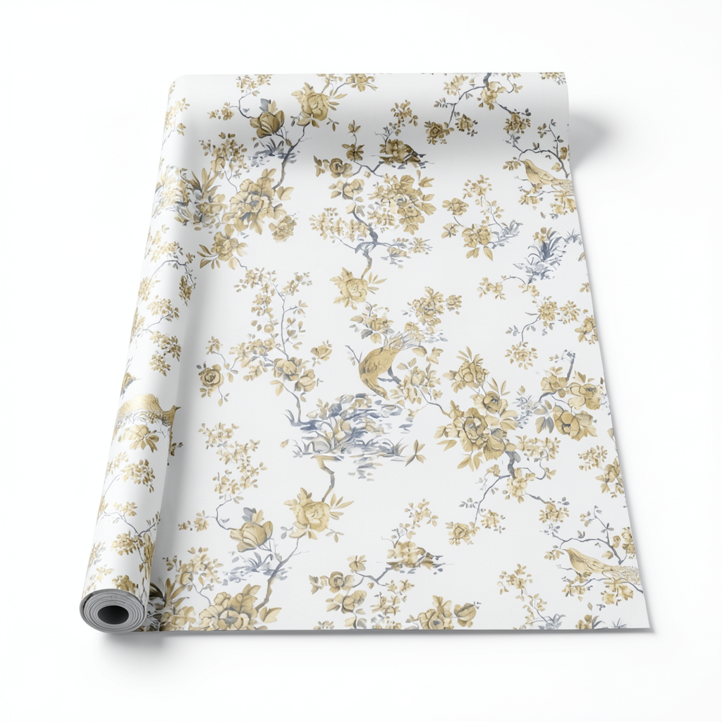 Italian Wallpaper Floral Design 10mx1.06m White with Gold