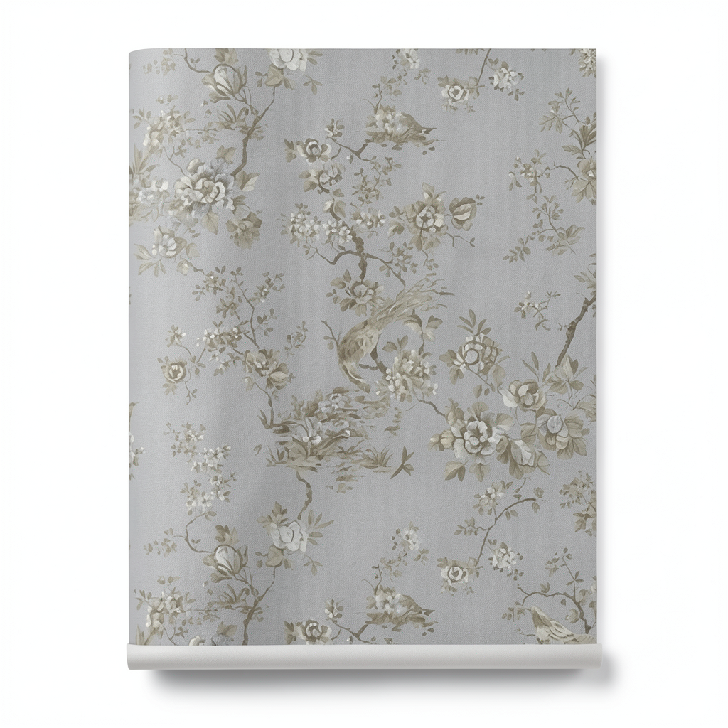 Italian Wallpaper Gray Color Floral Design, Size 10m x 1.06m, Model RC19050