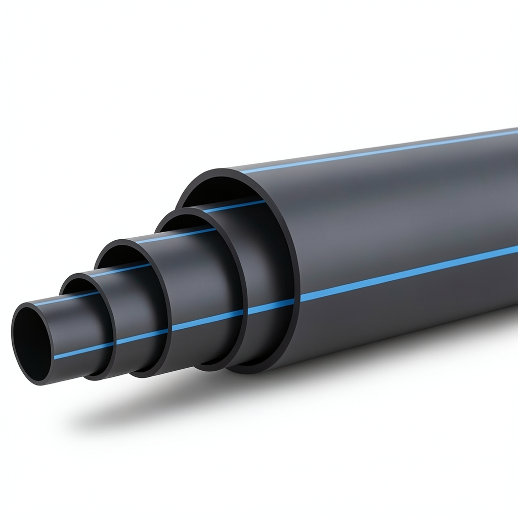 مواسير بلاستيك HDPE ضغط 6 بار PE 100 قطر خارجي 180 مم SDR 26 أسود مع خط أزرق
