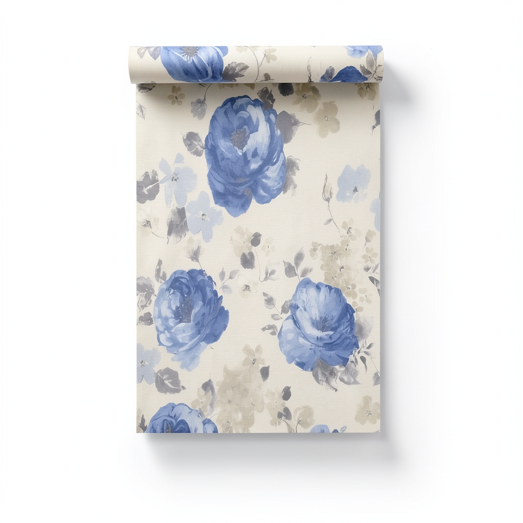 Floral Wall Decoration 10m x 0.53m Beige with Blue, Model 448818