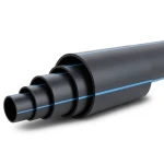 أنابيب HDPE ضغط 5 بار PE 80 قطر خارجي 225 مم SDR 26 لون أسود مع خط أزرق