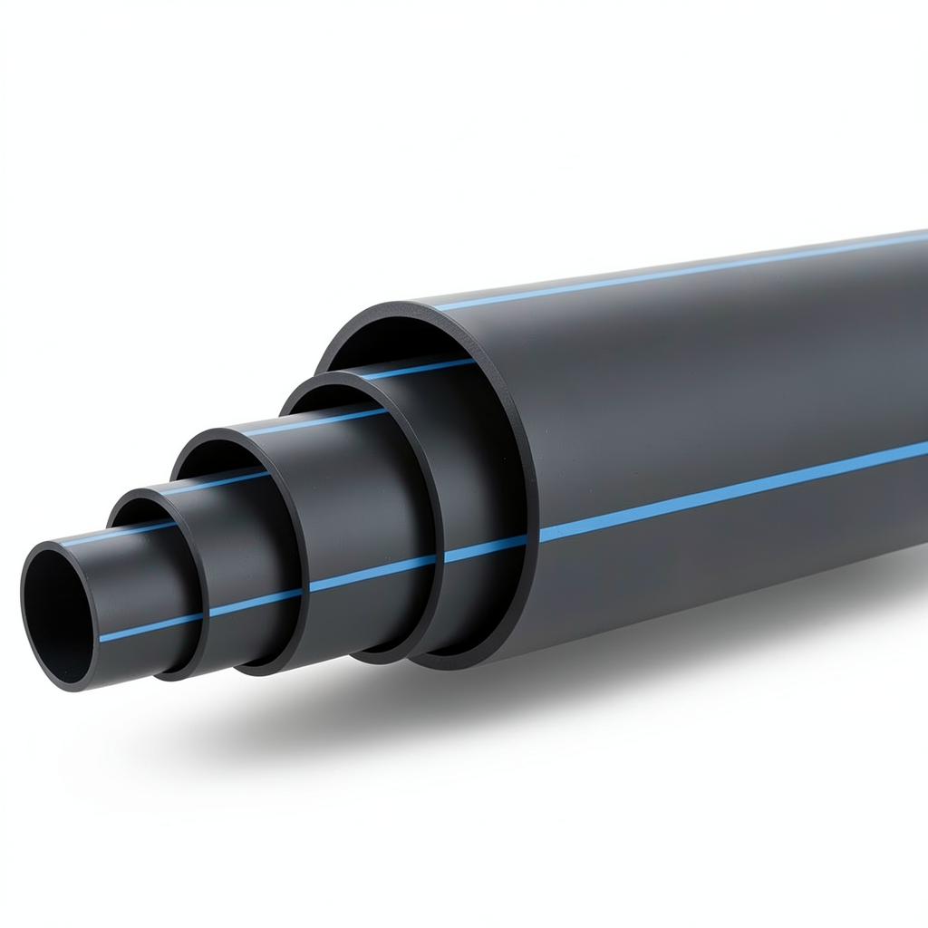 مواسير HDPE ضغط 3.2 بار PE 80 قطر خارجي 355 مم SDR 41 لون اسود مع خط ازرق