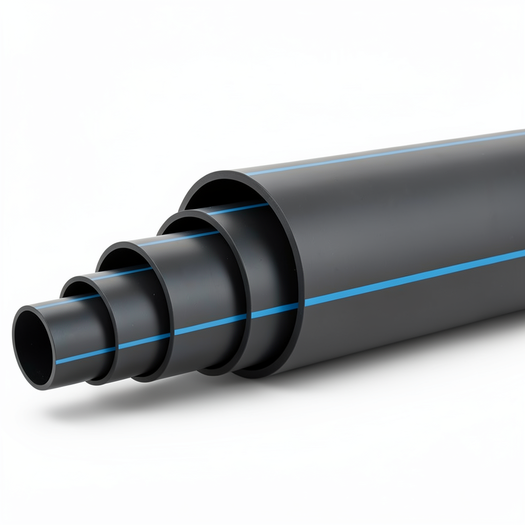 مواسير HDPE ضغط 5 بار PE 80 قطر خارجي 200 مم SDR 26 لون أسود مع خط أزرق