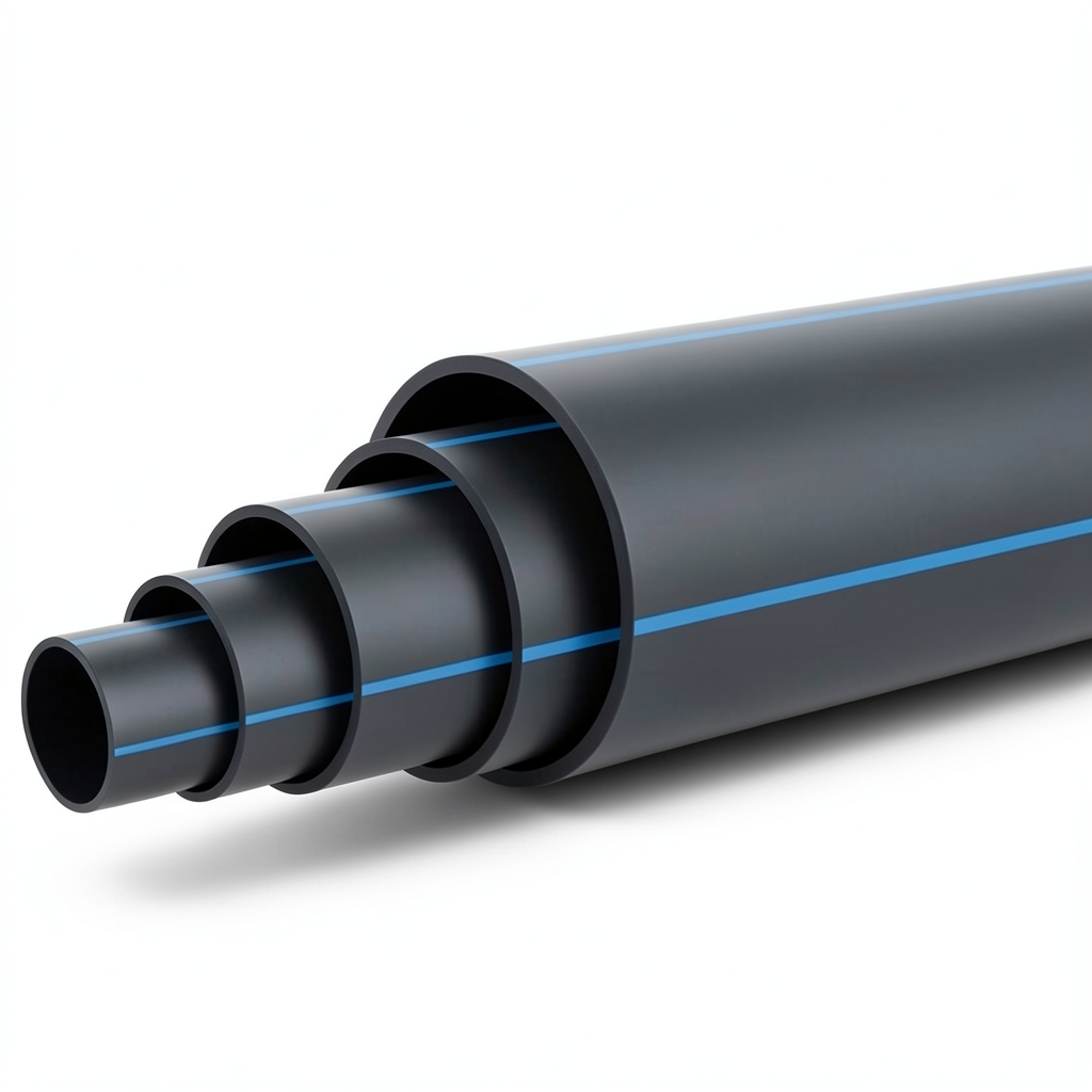 HDPE Plastic Pipe Nominal Pressure 5 Bar PE 80 OD 250 mm SDR 26 Black with Blue Stripes