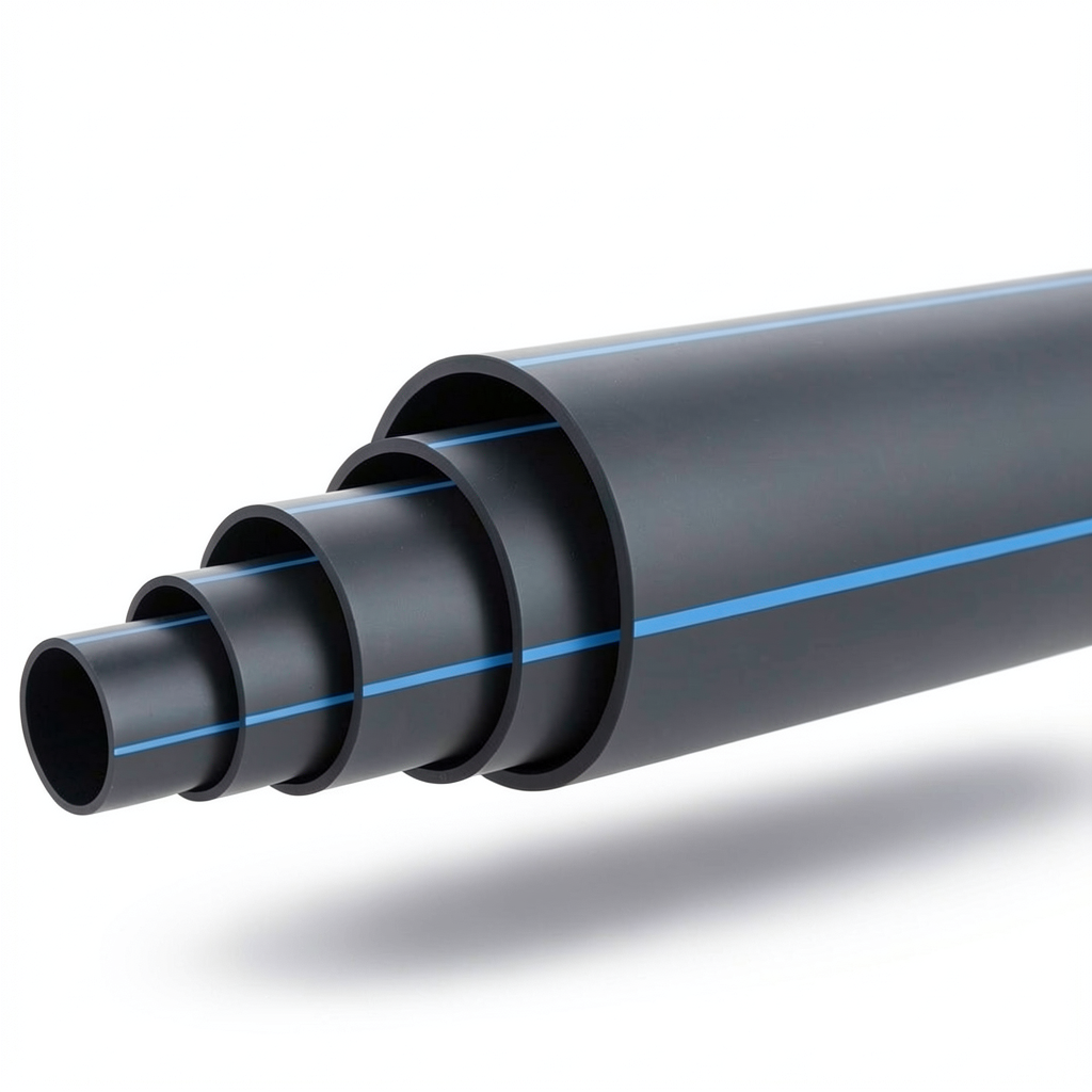 HDPE Pipe Pressure 6 Bar PE 100 Size 200 mm SDR 26 Black with Blue Stripes