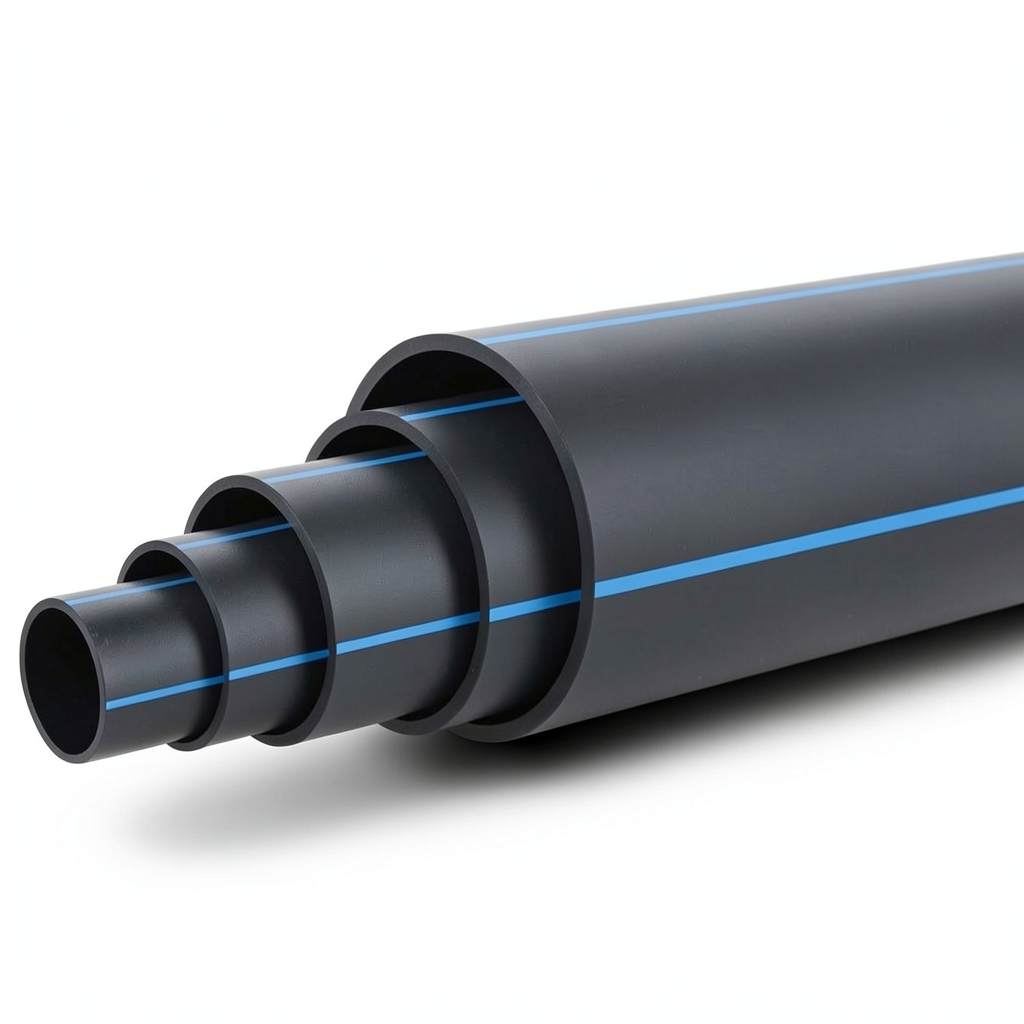 أنابيب HDPE ضغط 6 بار PE 100 قطر خارجي 225 مم SDR 26 أسود مع خطوط زرقاء
