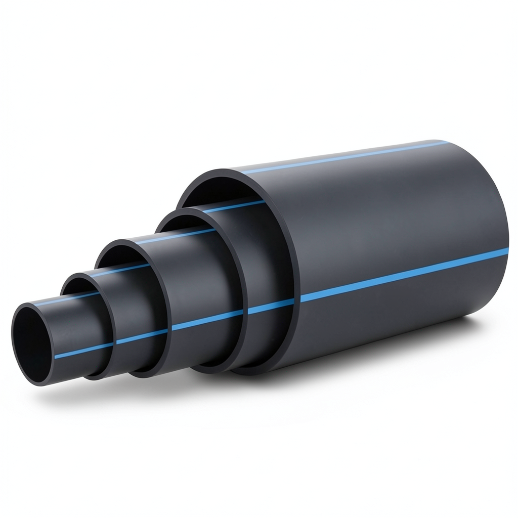 HDPE Plastic Pipe Nominal Pressure 6 Bar PE 100 OD 355 mm SDR 26 Black with Blue Stripes