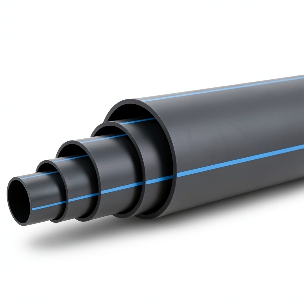 HDPE Polyethylene Pipe 4 Bar Pressure PE 100, 560 mm Diameter SDR 41 Black with Blue Stripes