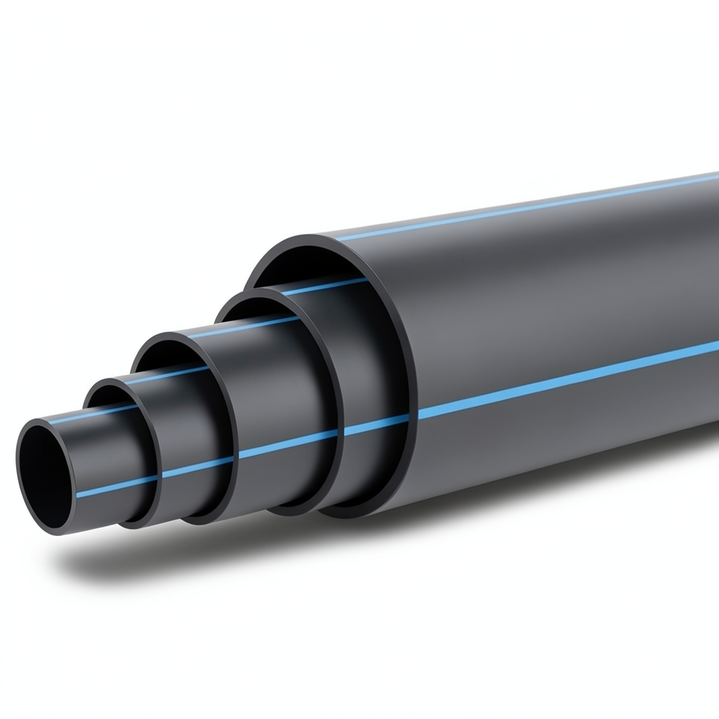 HDPE Plastic Pipe PN 10 Bar PE 100 Outside Diameter 560 mm SDR 17 Black with Blue Stripes